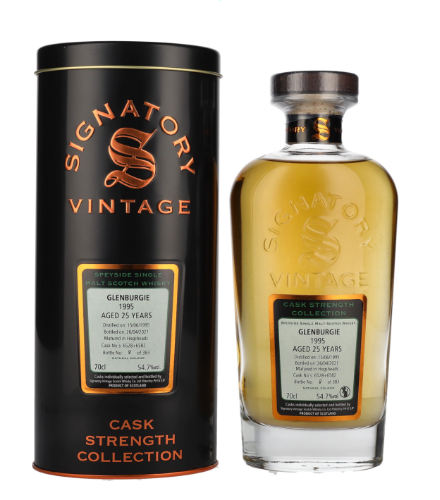 Signatory Vintage, GLENBURGIE 25 Years Old Cask Strength Collection 1995, 70 cl, 54.7 % Vol. (Whisky), Schottland, Speyside,  Signatory Vintage hat sich auf den Ankauf von Whiskys aus verschiedenen Brennereien spezialisiert. Dieser Whisky gehrt zur Cask Strength Collection von Signatory Vintage und reift 25 Jahre lang im Ex-Bourbon-Hogshead. Destilliert: 15. Juni 1995 Abgefllt: 26. April 2021 Fassnummer: 6528+6582 Limitiert auf 383 Flaschen.          Farbe: Strohgold. Nase: Gezuckerte Mandeln, Crme brle, zarte Vanille, Noten von gelben pfeln, exotische Frchte. Geschmack: Sss, junge Aprikosen, Walnsse, Noten v