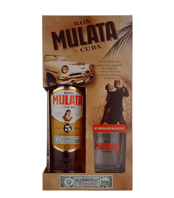 Ron Mulata Aejo 5 Aos Set mit Glas, 70 cl, 38 % Vol. (Rum), Kuba, Dieser goldfarbene Rum reift 5 Jahre in Weisseichenfssern heran. Er ist mild mit Akzenten von Holz im Geschmack und in der Nase sind leichte Noten von Holz, Bananen und Karamell und ein Hauch von Cocos. Er eignet sich nicht nur zum Mixen von Cocktails, sondern auch zum puren Genuss.