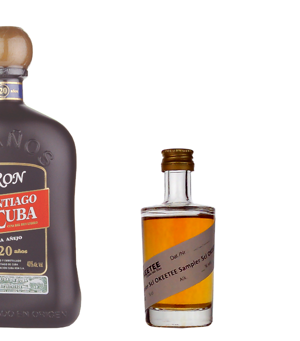 Santiago de Cuba Aejo 20 Aos  Sampler, 5 cl, 40 % Vol. (Rum), Kuba, Der Santiago de Cuba Extra Aejo 20 Aos erlangt erst nach einer Reifezeit von 20 Jahren seinen einzigartigen Geschmack der Extraklasse. Sobald der Rum den Gaumen gefunden hat, offenbart dieser Geschmacksnoten von Vanille und Toffee, kombiniert mit Anklngen von hellem Tabak und Schokolade. Der Geschmack ist rund und harmonisch. Auch das lange Finish, das dem Geniesser geboten wird, ist von diesem komplexen Geschmack geprgt.